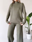 Turtleneck Knitted Suit Loose Split Design Long-sleeved Top And Straight Trousers Fashion Casual Solid Set Women's Clothing