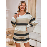 Women's Long Sleeve Striped Top Shorts Casual Suit Pajamas