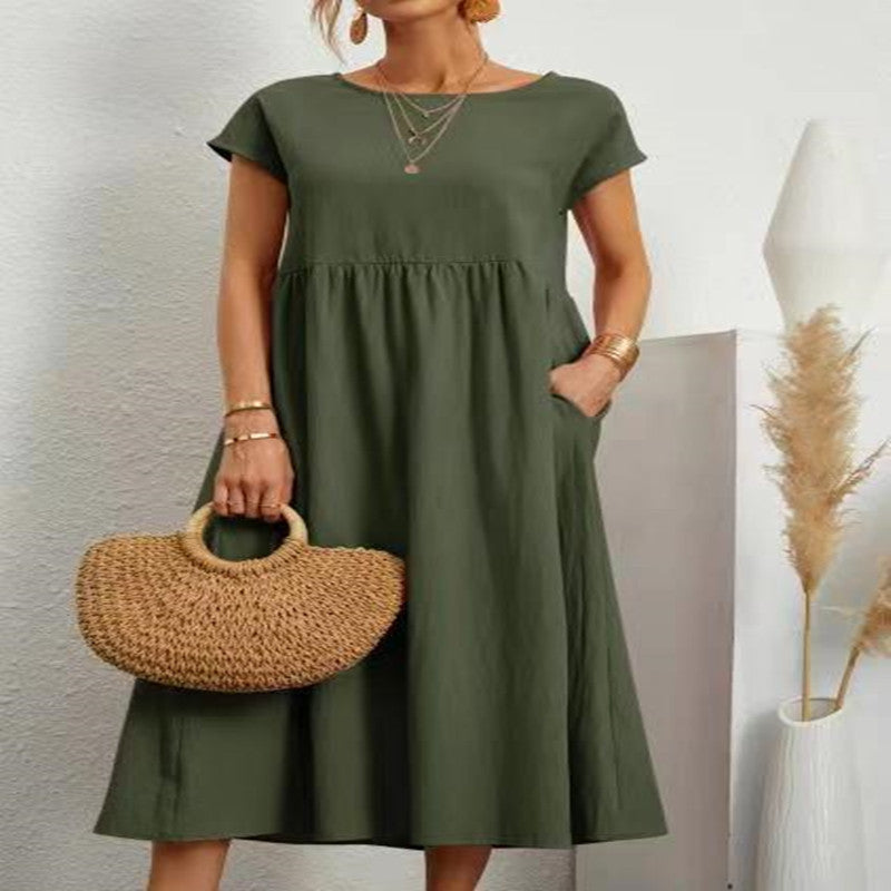 European And American Solid Color Sleeveless Loose Cotton Linen Pocket Dress