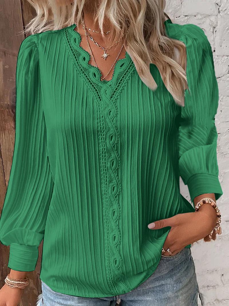 Long Sleeve V-neck Lace Patchwork Shirt