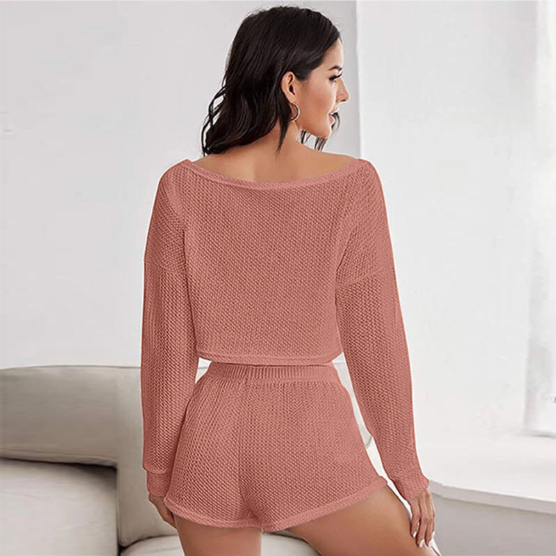 Pajamas Off-shoulder Top Shorts Breathable Waffle Casual Homewear Suit