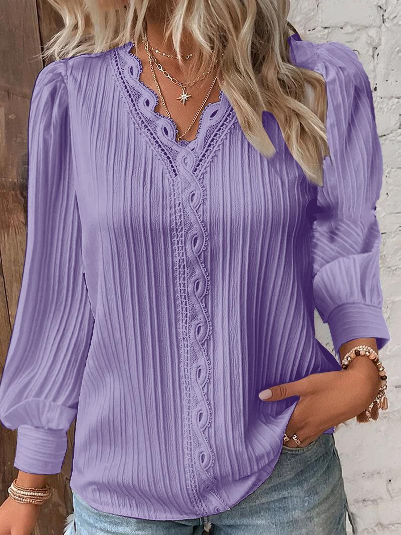 Long Sleeve V-neck Lace Patchwork Shirt