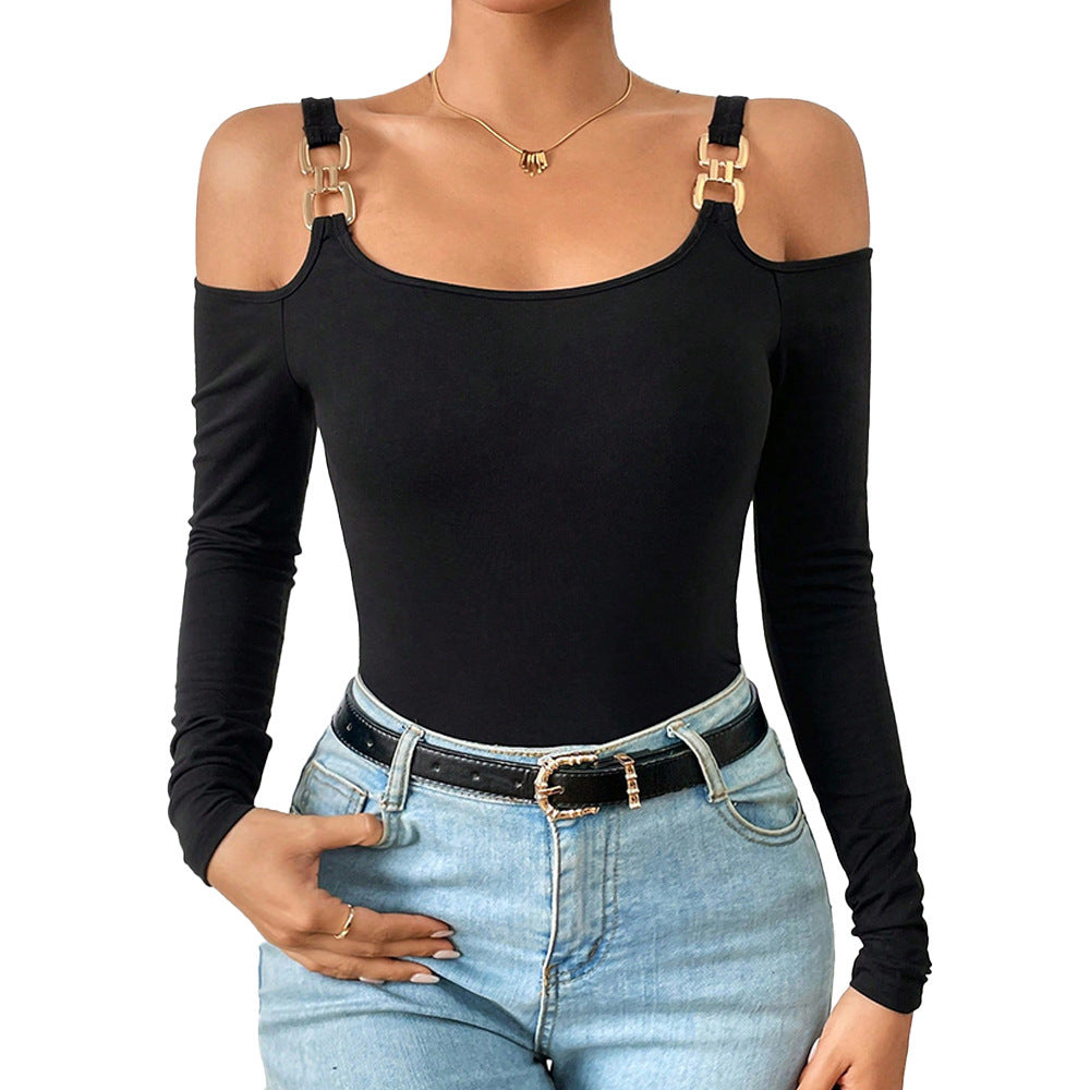 Women's Spring And Summer Fashion Simple Suspender Off-Shoulder Metal Hook Long-Sleeved Sexy Top