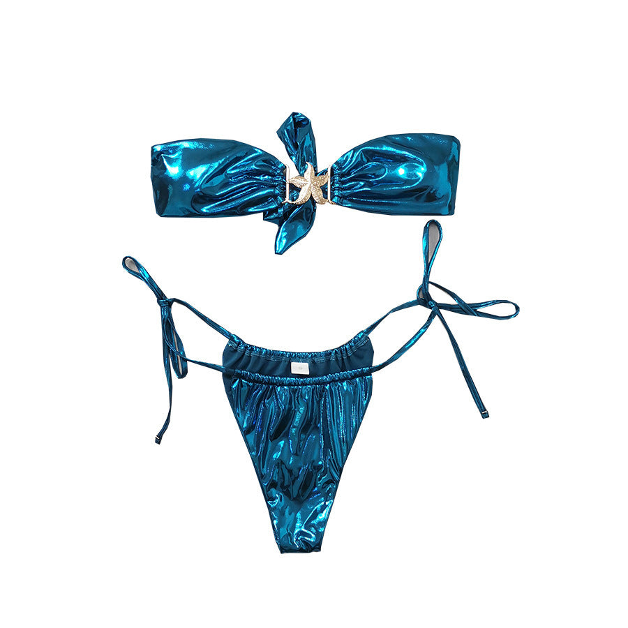 Tube Top Split Bikini Blue Glossy Gold Starfish Female