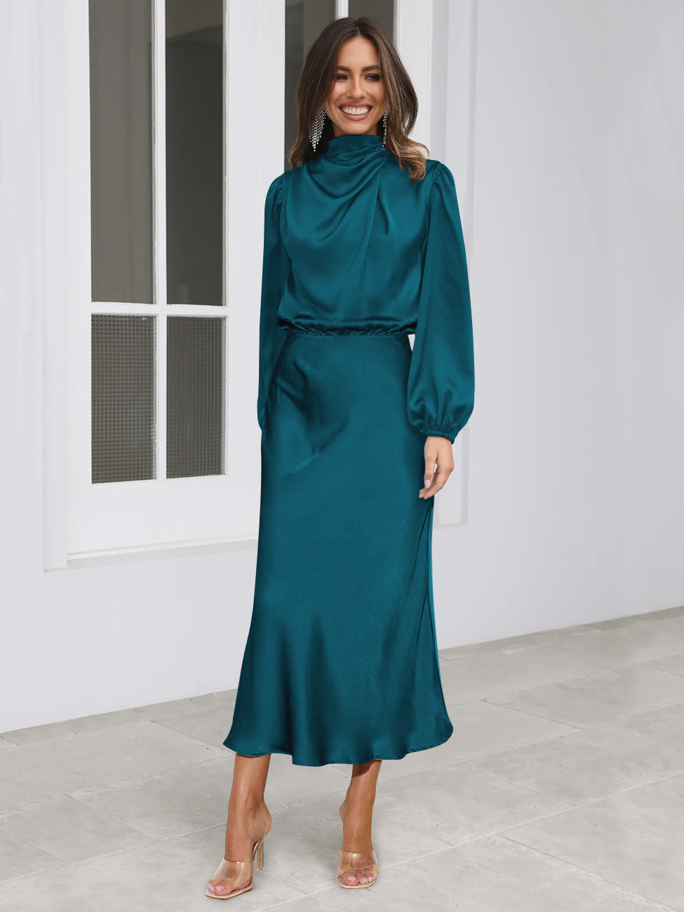 Dress Spring And Autumn Halterneck Long-sleeved Formal Dress Satin Elegant Lady Of Note Evening Dress