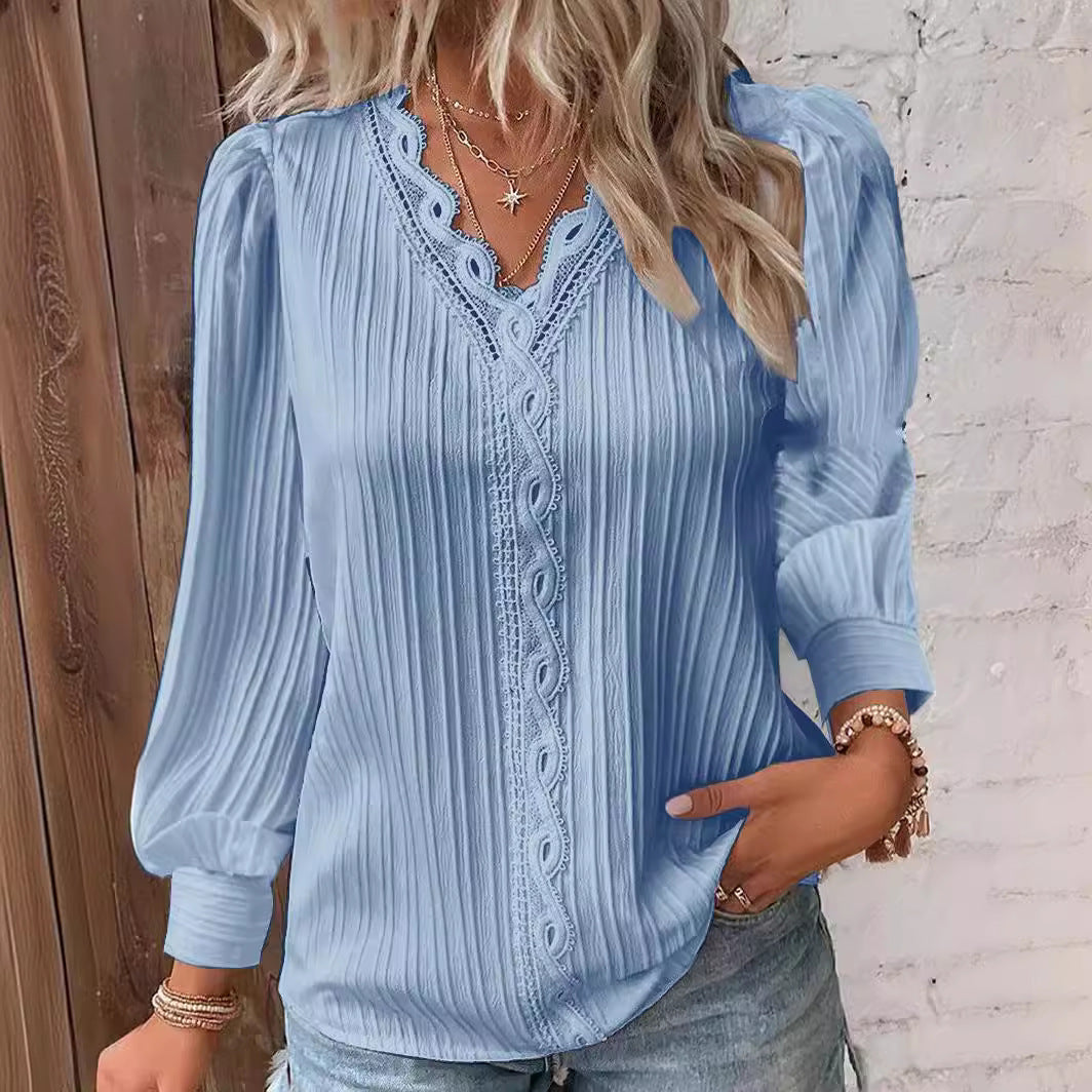 Long Sleeve V-neck Lace Patchwork Shirt