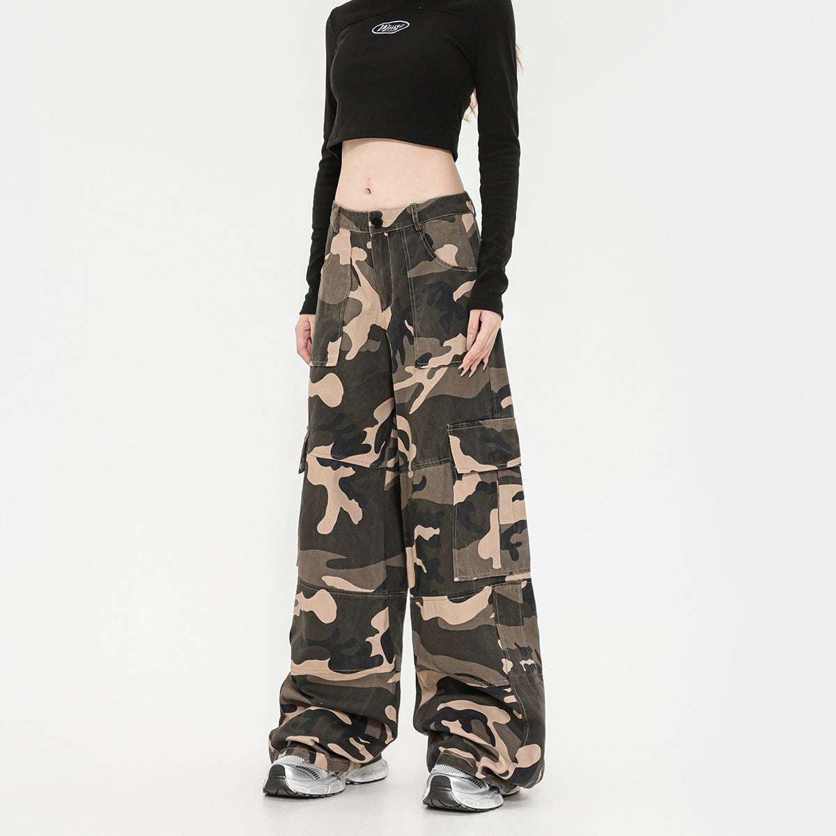 Retro Straight Cargo Camouflage Pants Women