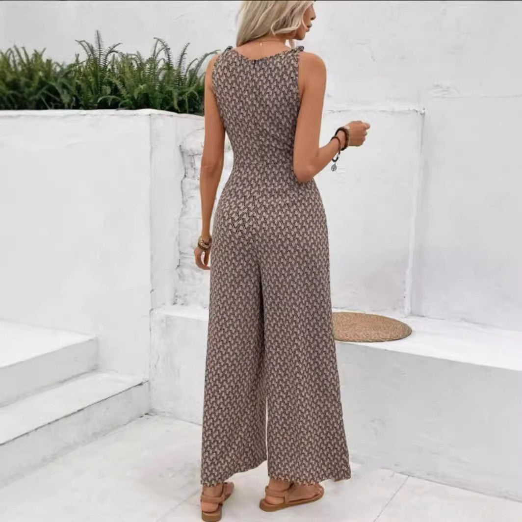 Waist-tight Adjustable Lace Printing Jumpsuit