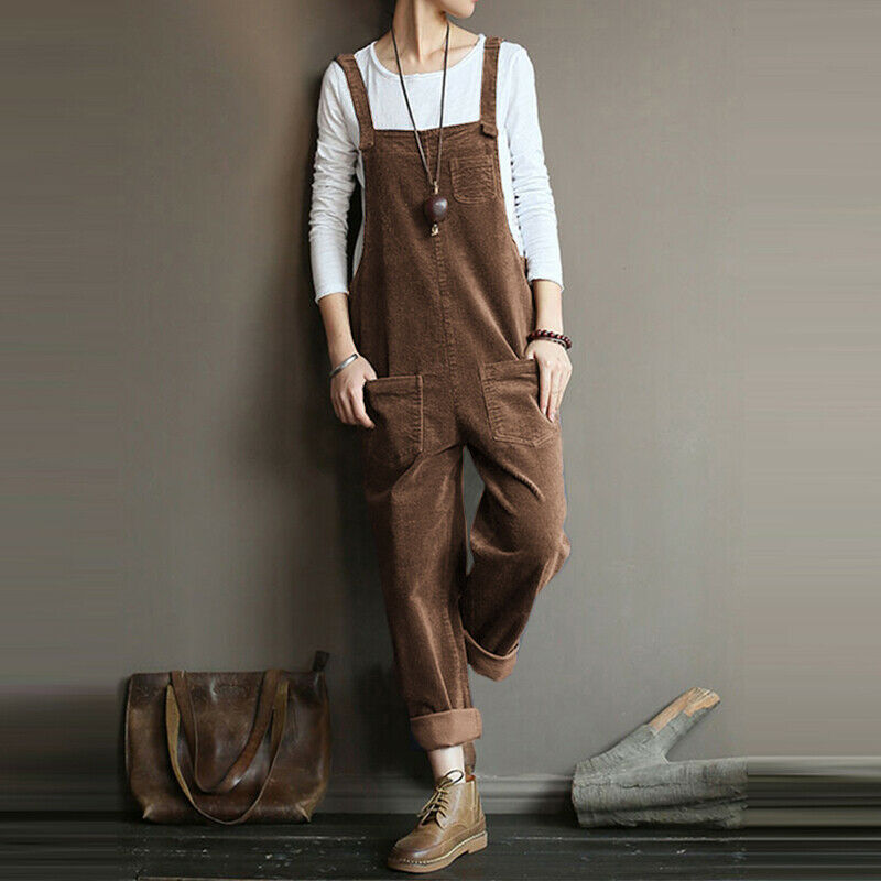 Women's Corduroy Solid Color Casual Bib Pants