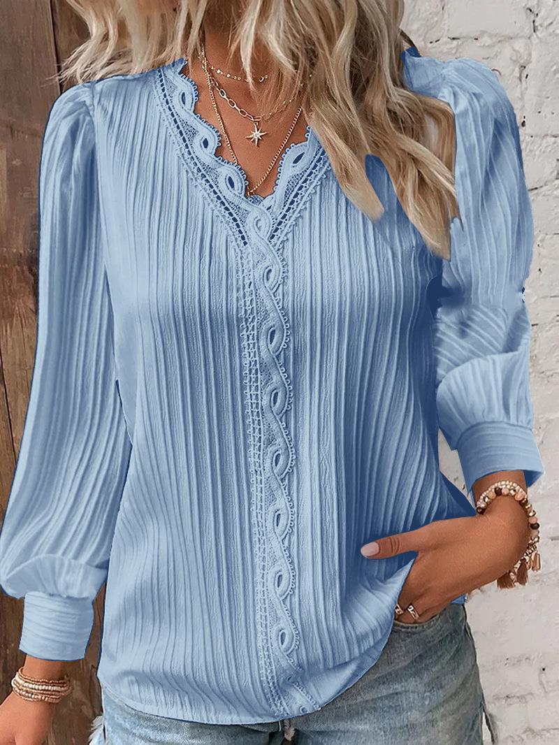 Long Sleeve V-neck Lace Patchwork Shirt