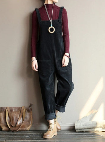 Women's Corduroy Solid Color Casual Bib Pants