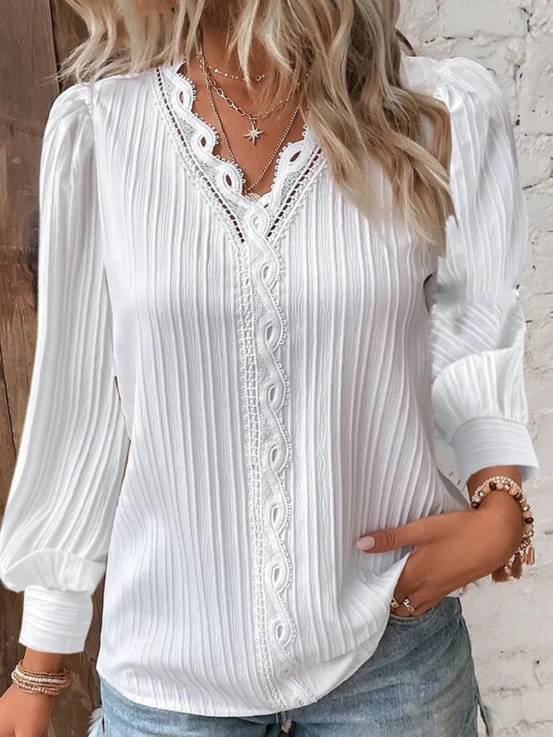 Long Sleeve V-neck Lace Patchwork Shirt