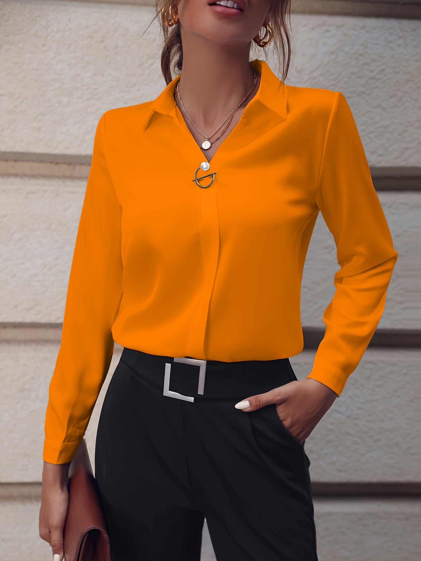 Commuter Women's Shirt Versatile Simple Solid Color Long Sleeve Mid-length Plus Size