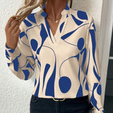 V-neck Long Sleeve Slimming Printed Stand Collar Shirt