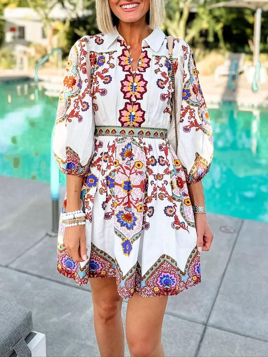 European And American Autumn Ethnic Print Pocket Dress