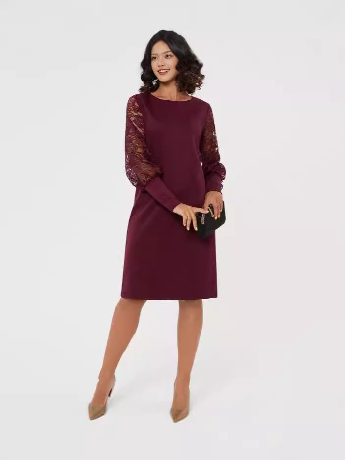 Round Neck Long Sleeve Lace Sleeve Slim Fit Patchwork Dress