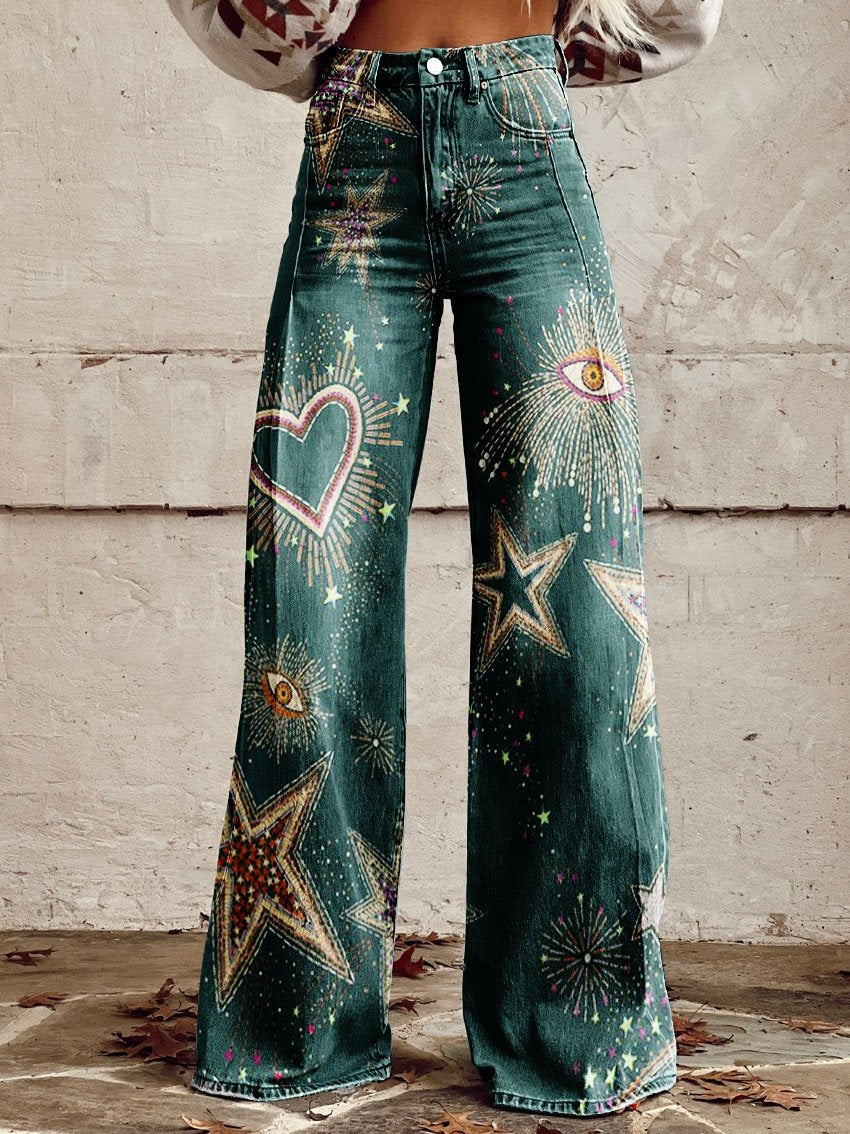 Wide-legged Pants Thermal Transfer Bell-bottom Pants Simulation Denim Trousers