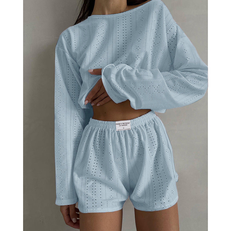 Hollow Long-sleeved Suit With Loose Round-neck Tops And Elastic Split Shorts Fashion Women's Clothing