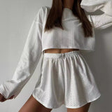 Hollow Long-sleeved Suit With Loose Round-neck Tops And Elastic Split Shorts Fashion Women's Clothing