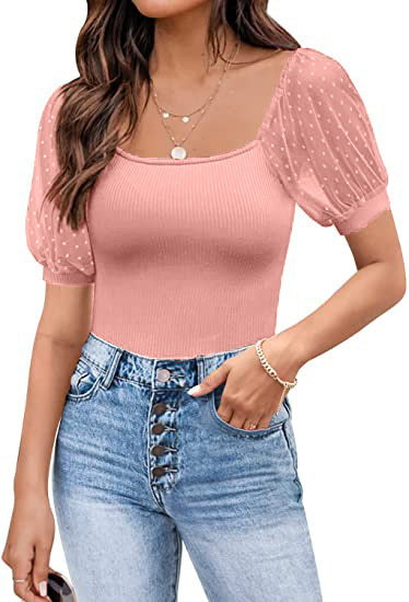 Fashionable See-through Slim Patchwork Short Sleeve