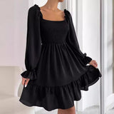 Square Collar Parallel Crepe Sewed Ruffled Hem Dress