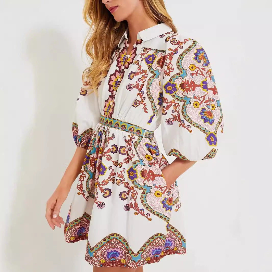 European And American Autumn Ethnic Print Pocket Dress