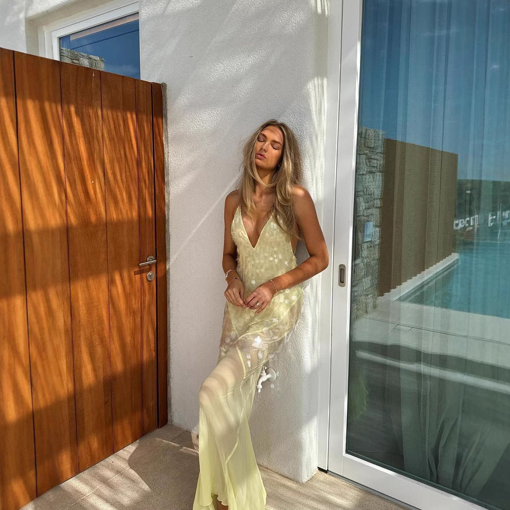 Sexy Sling Backless Slim Fit Sequin Fishtail Gown Long Dress