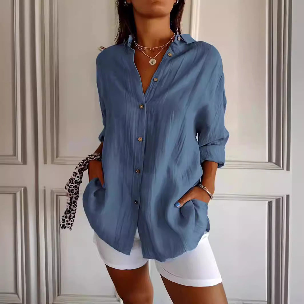 Lapel Long Sleeve Shirt Women's Single-breasted Pleated Shirt