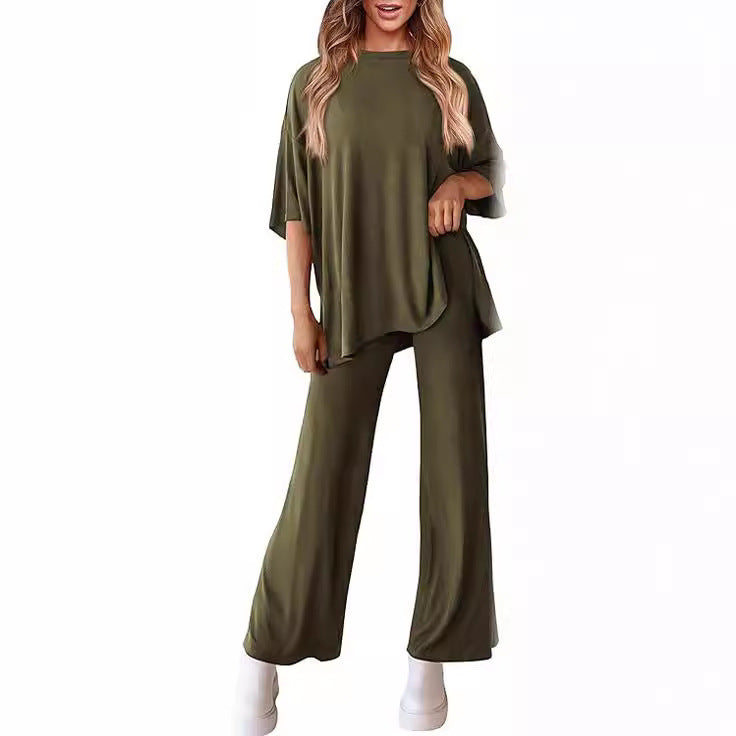 Casual Short-sleeved Pullover Top Wide-leg Pants Casual Suit