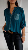 Casual Button-down Long Sleeve Shirt With Sequin Pocket Design Fashion Commuter Top Women Clothing