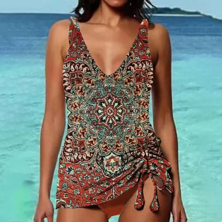 Bikini Beach Print Suspender Swimsuit Suit