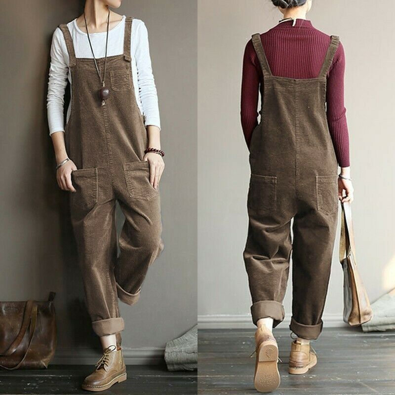 Women's Corduroy Solid Color Casual Bib Pants