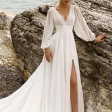 European And American High Waist Plus Size Deep V Long Sleeve Mopping Backless Wedding Dress High Slit