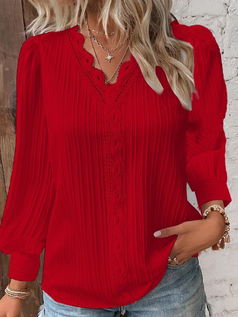 Long Sleeve V-neck Lace Patchwork Shirt