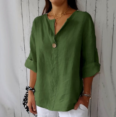 European And American Loose T-shirt Women's V-neck Cotton And Linen Button Top