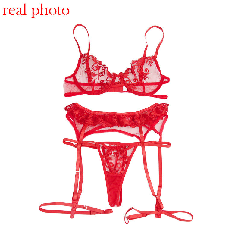 Red Lace Erotic Lingerie  Bra Transparent Exotic Gorgeous Love Secret 3 Pieces