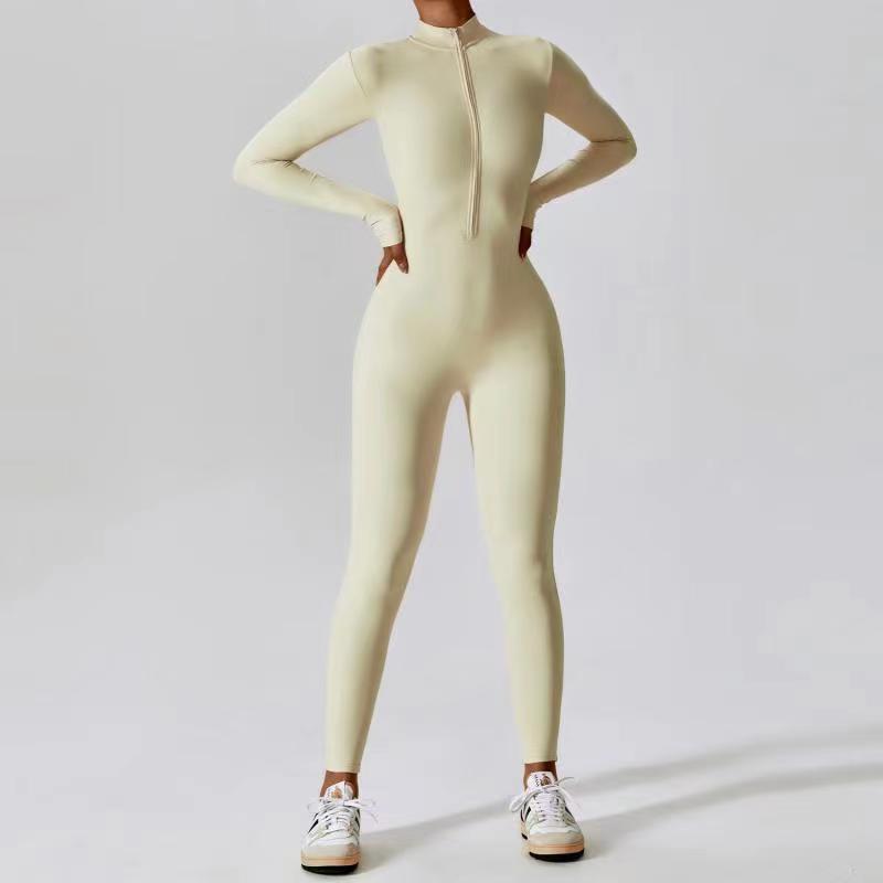 Trendy European and American athletic jumpsuit with front zipper – perfect for yoga, gym, and casual sportswear.