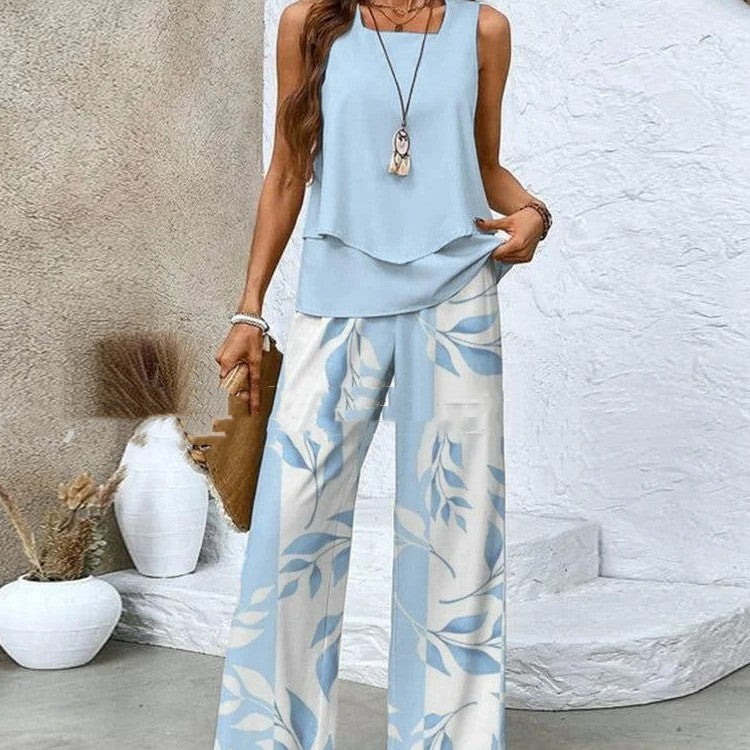 Print Suits Sleeveless Double-layer Vest And Loose Straight Pants Womens Clothing