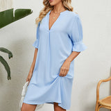 European American Summer New Solid Color And V-neck Loose Pleated Half-length Sleeve Dress