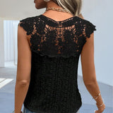 V-neck Lace Solid Color Splicing Pullover Sleeveless T-shirt For Women