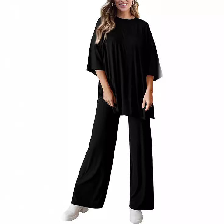 Casual Short-sleeved Pullover Top Wide-leg Pants Casual Suit