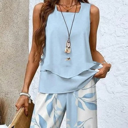 Print Suits Sleeveless Double-layer Vest And Loose Straight Pants Womens Clothing