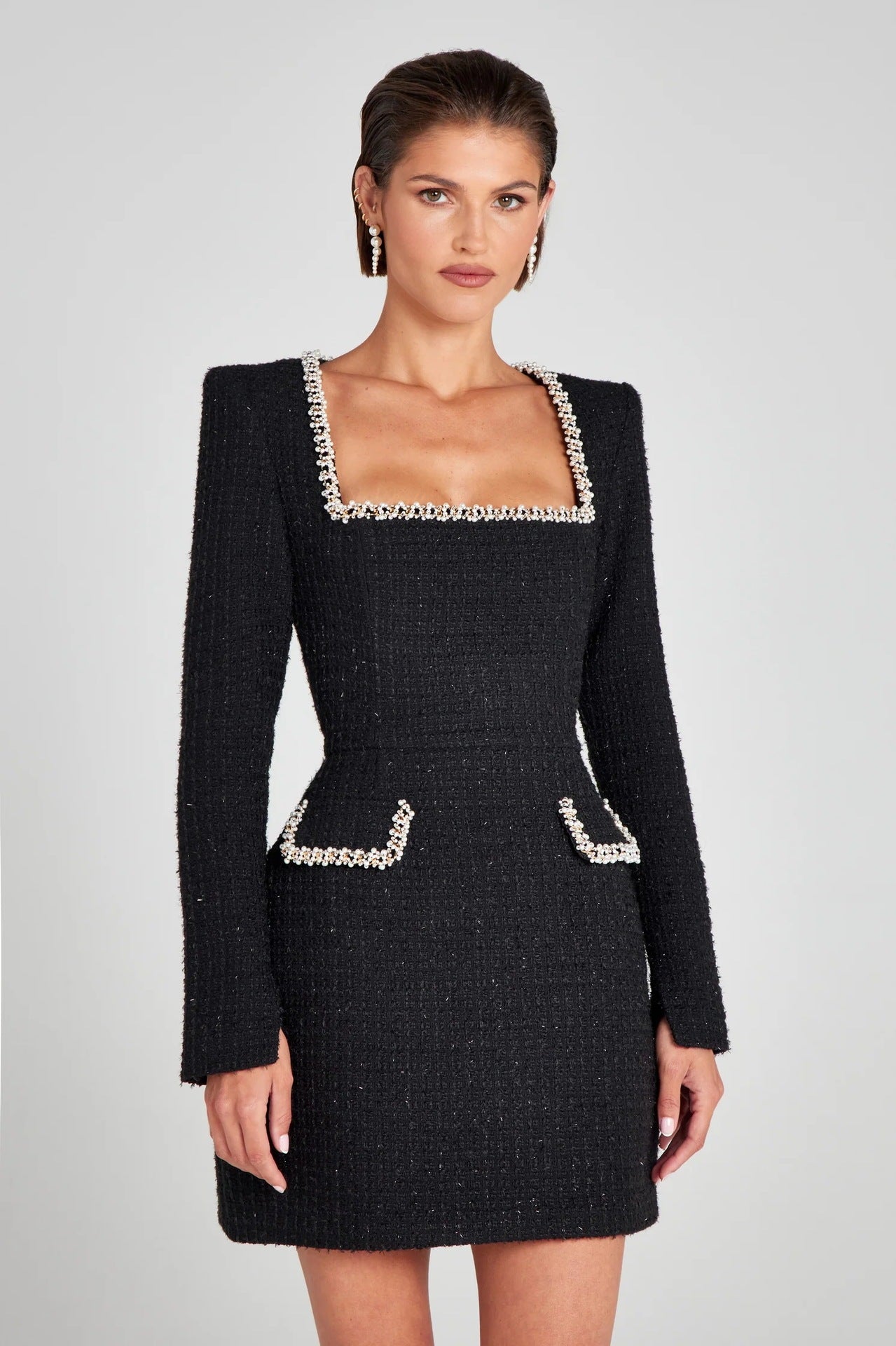 U-neck Long Sleeved Beaded Dress