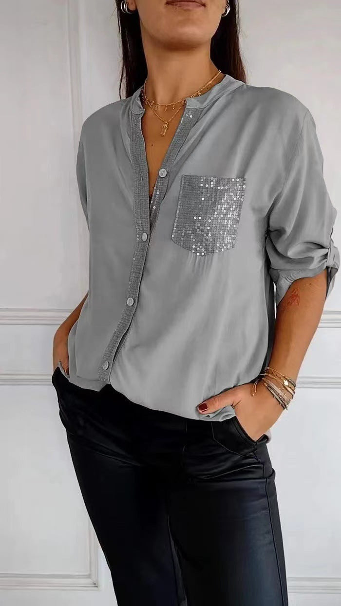 Casual Button-down Long Sleeve Shirt With Sequin Pocket Design Fashion Commuter Top Women Clothing