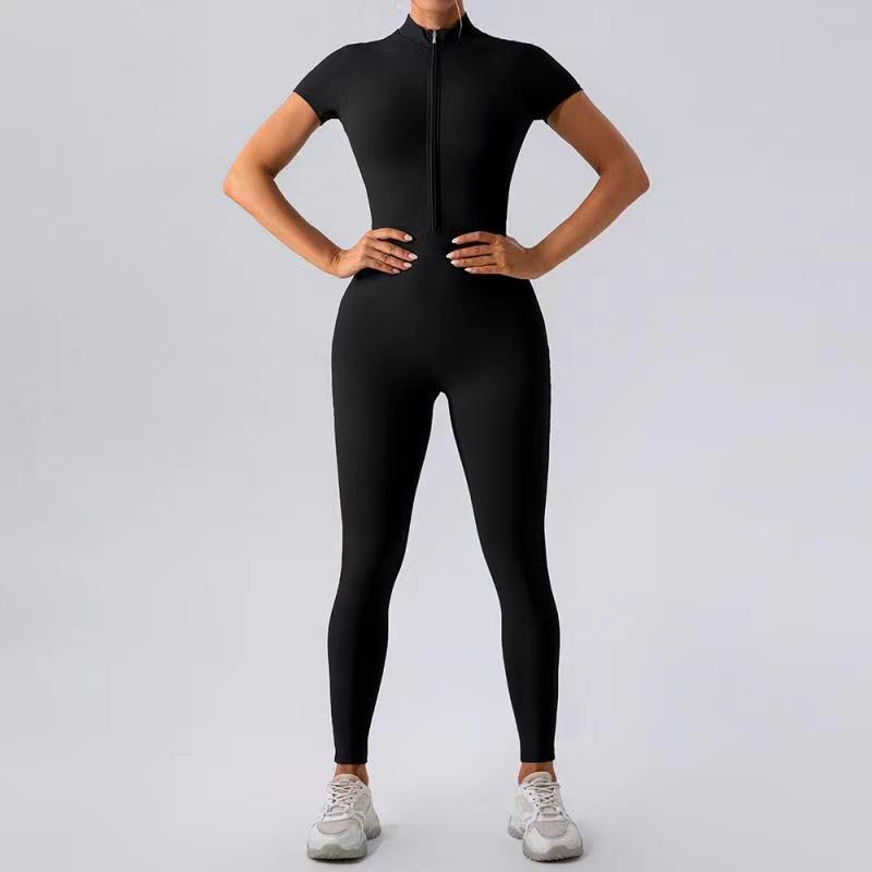 Trendy European and American athletic jumpsuit with front zipper – perfect for yoga, gym, and casual sportswear.