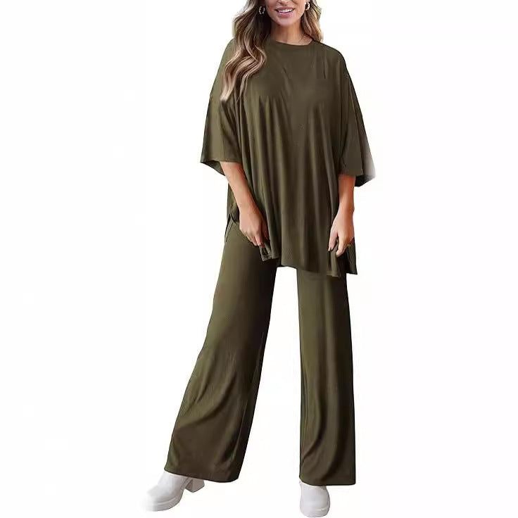 Casual Short-sleeved Pullover Top Wide-leg Pants Casual Suit