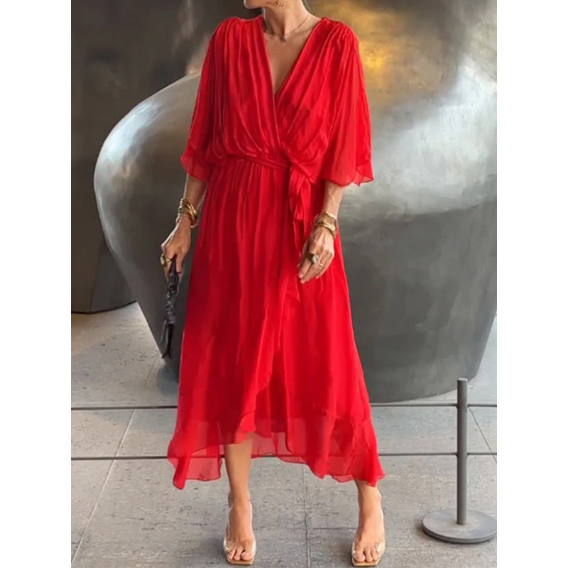 Batwing Sleeve V-neck Dress Summer Pure Color Tied Irregular Long Dresses Womens Clothing