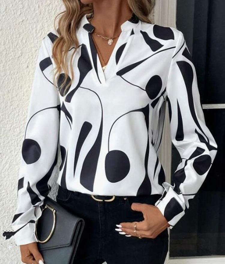 V-neck Long Sleeve Slimming Printed Stand Collar Shirt