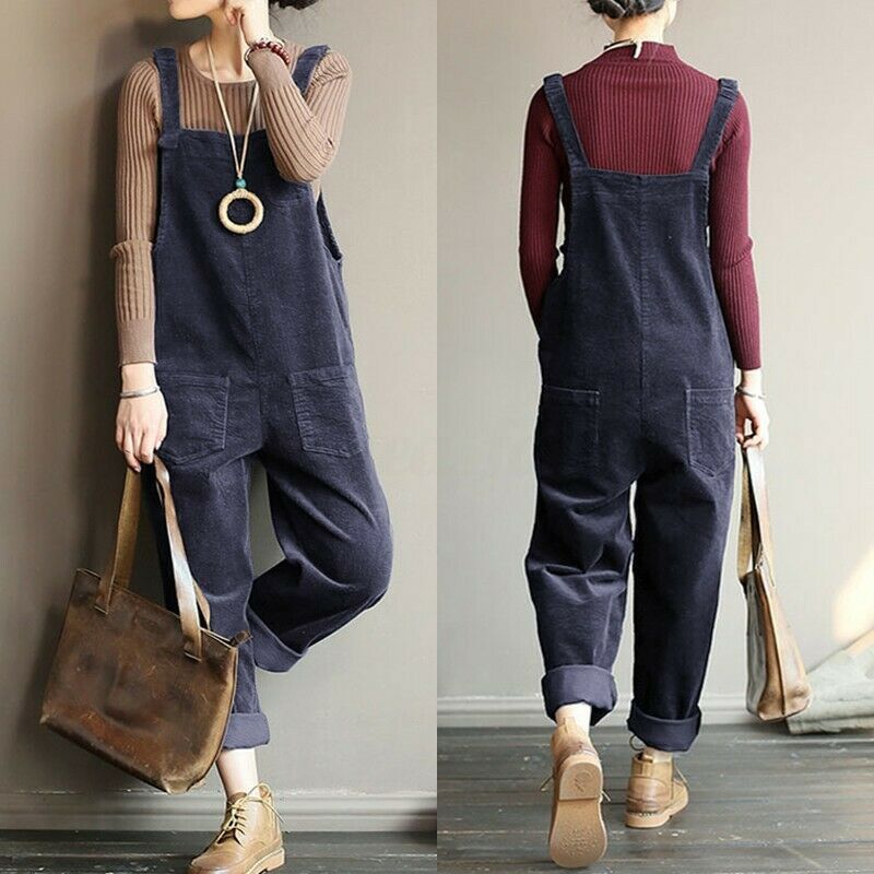 Women's Corduroy Solid Color Casual Bib Pants