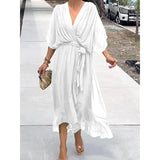 Batwing Sleeve V-neck Dress Summer Pure Color Tied Irregular Long Dresses Womens Clothing